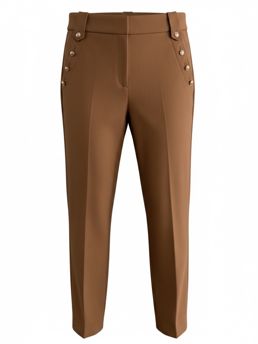 Quince Tailored High-Waist Trousers in a Rich Caramewith Decorative Side Buttons